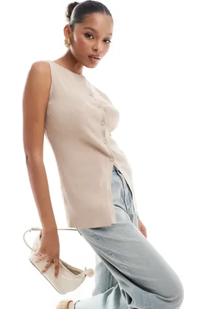 ASOS Knitted slash neck waistcoat with front split in taupe