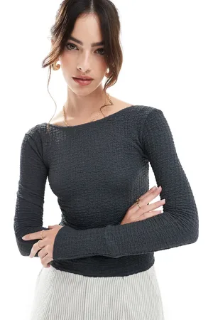Pull&Bear Textured open back long sleeve top in