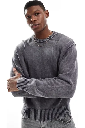 Bershka Knitted washed jumper in charcoal