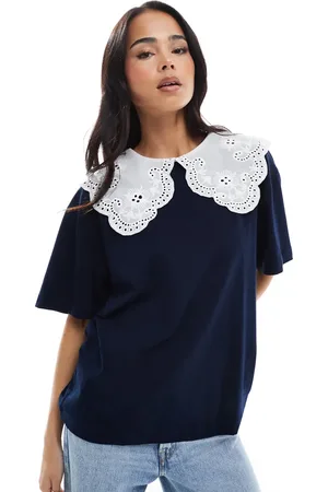 Miss Selfridge Lace trim sailor collar tshirt in