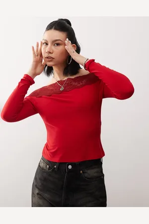 Reclaimed Bardot lace trim top in cherry