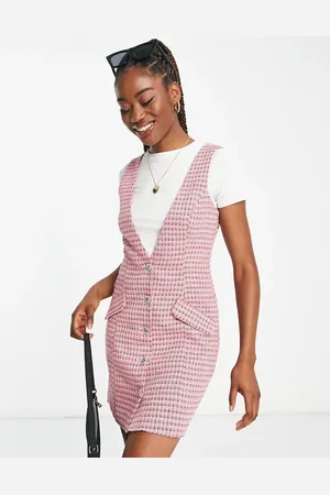 Miss Selfridge Boucle pinny dress with diamante heart buttons in