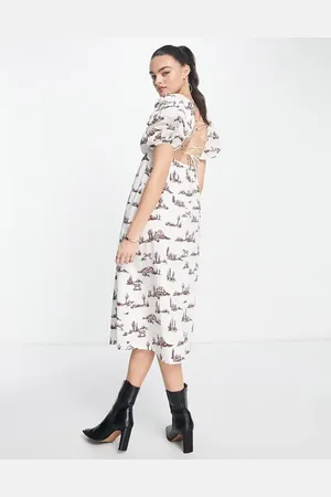 MANGO Square neck western print midi dress with lace up back in