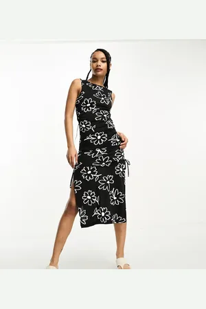 JDY Exclusive keyhole side midi dress in & white floral