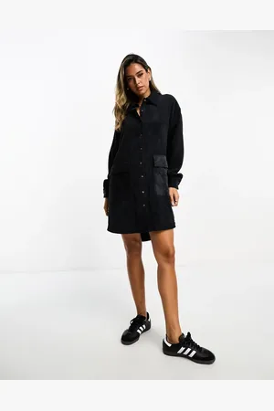 ASOS Cord sloppy oversized shirt dress with pocket detail in charcoal