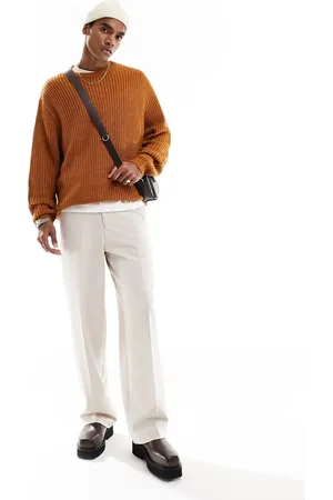 ASOS Smart wide leg textured trousers in stone