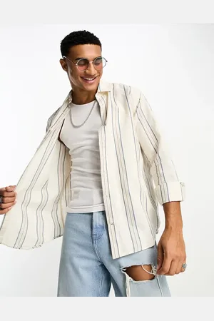 Pull&Bear Linen long sleeve striped shirt in sand