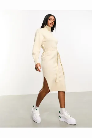 Threadbare Brooklyn roll neck tie waist midi jumper dress in sand