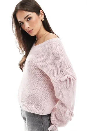 Hollister Slouchy off the shoulder applique bow knit jumper in lilac