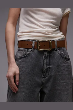 MANGO Large square buckle chunky leather belt in