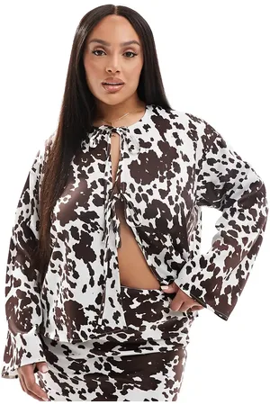 Pieces® Pieces Curve long sleeve tie front top in cow print