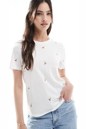 ONLY Cherry embroidery crew neck t-shirt in