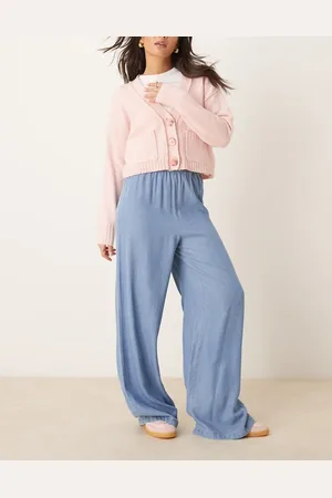 VILA Elasticated waist wide leg chambray trousers in light denim