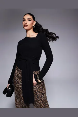 ASOS Brushed asymmetric neck long sleeve top with tie waist detail