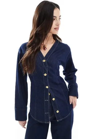 ASOS Collarless v neck denim shirt in rinse co-ord
