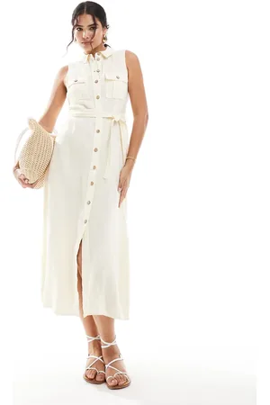 MANGO Linen tie front midi dress in light beige