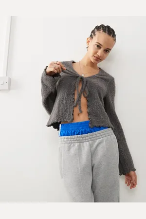 COLLUSION Tie front fluffy cardigan in charcoal