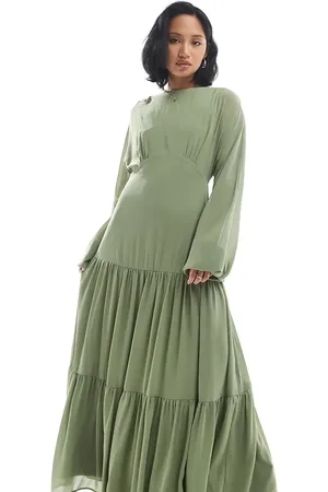 TFNC Bridesmaid chiffon maxi dress with tiered skirt in sage