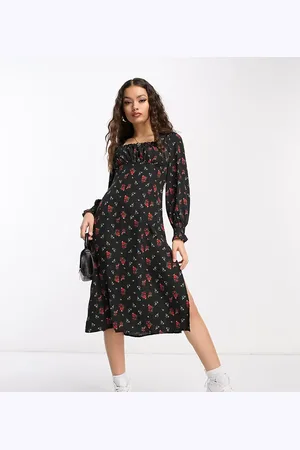 QED London Square neck shirring midi dress in floral
