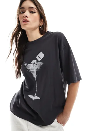 Pull&Bear Martini glass graphic oversized tee in washed dark