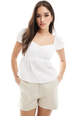 Hollister Short puff sleeve button detail babydoll top in