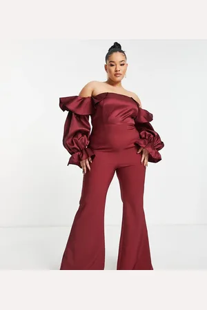 ASOS Curve satin bardot jumpsuit in wine