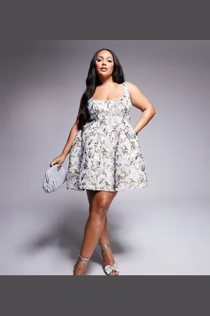 ASOS Curve jacquard cinched waist skater mini with bow back in vintage floral