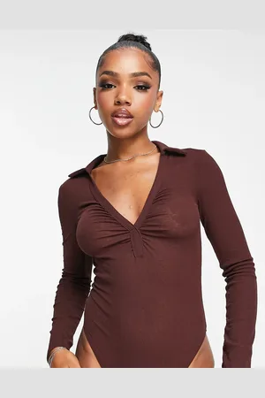 Miss Selfridge Textured mesh collar bodysuit choc
