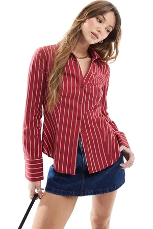 Miss Selfridge Wide stripe fitted shirt in cherry red