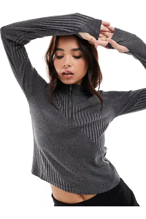 Noisy May 1/4 zip long sleeve top in dark diagonal stripe