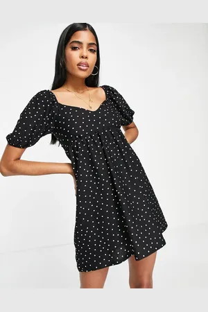 Miss Selfridge V neck puff sleeve smock mini dress in mono spot
