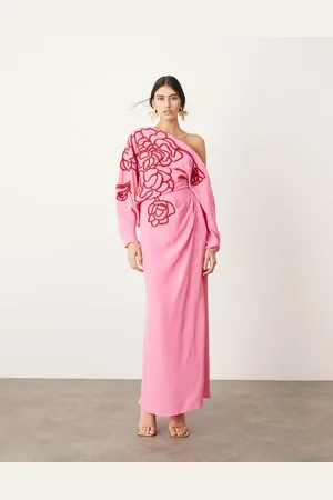 ASOS Linear embroidered floral slouchy shoulder drape midi dress in