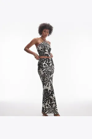 Topshop Tall Co-ord satin twill bias maxi skirt in mono fern smudge print