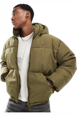 Pull&Bear Boxy puffer jacket with hood in khaki