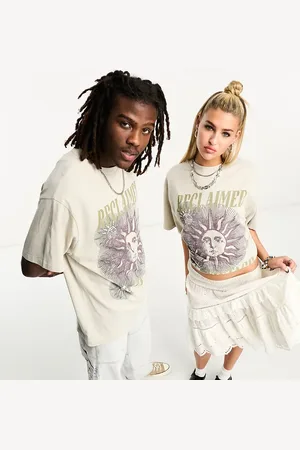 Reclaimed Unisex purple celestial print t-shirt in stone