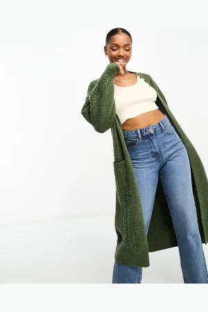Miss Selfridge Cable knit chunky coatigan in khaki