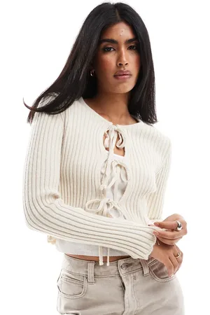 Stradivarius STR tie front cardigan in ecru