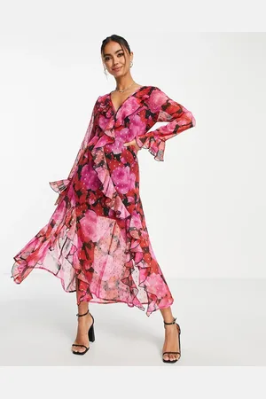 Miss Selfridge Chiffon ruffle high split maxi dress in rose