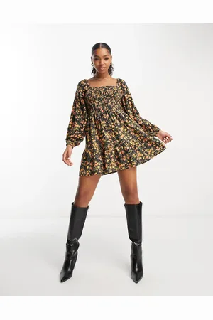 Miss Selfridge Long sleeve shirred puff sleeve mini dress in ditsy