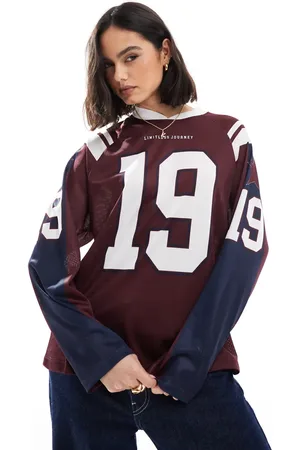 Pull&Bear Football jersey long sleeve tee in burgundy