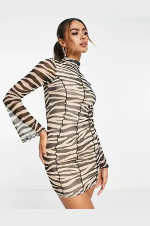 Miss Selfridge Mesh lettuce seam mini dress in zebra print