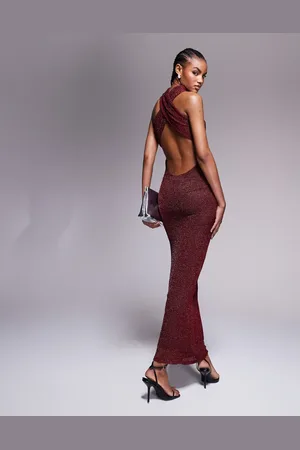 ASOS Shimmer knit high neck halter maxi dress in burgundy
