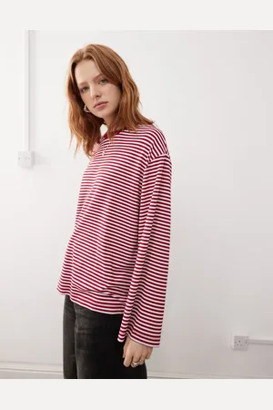 Reclaimed Long sleeve contrast neck tee in fisherman red stripe