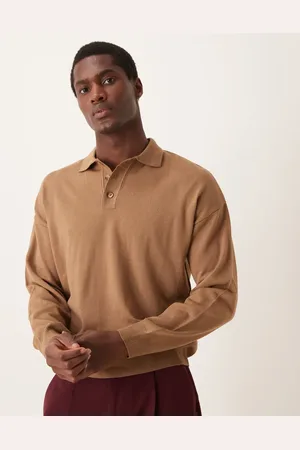 ASOS Relaxed boxy fit knitted long sleeve polo in beige