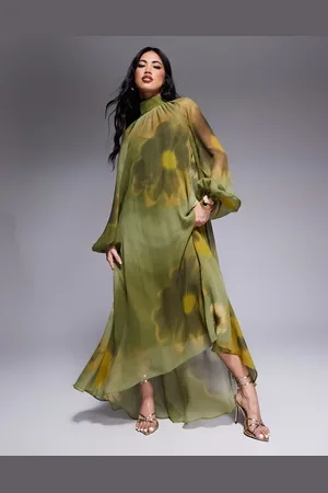 ASOS Tie neck maxi smock dress with high low hem in blurred oversize floral print