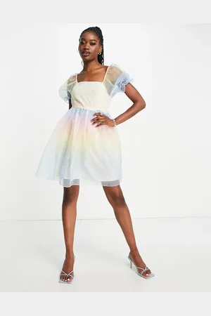Pieces® Premium puff sleeve organza mini dress in ombre pastel rainbow
