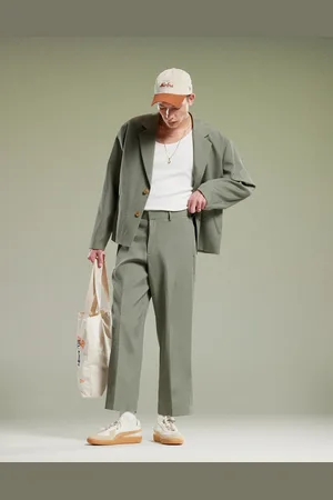 ASOS Ribbed wide leg suit trousers in olive