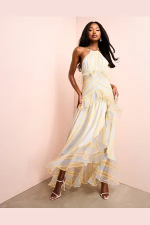 ASOS Organza ruched halter neck maxi dress in stripe print