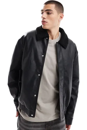 ASOS Faux leather wadded harrington jacket with borg collar in