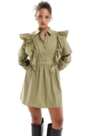 ASOS Ruffle mini shirt dress in stone